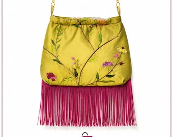 Handmade Embroidered Silk Bag | Pistachio Green, Fuchsia Fringe, Crossbody Shoulder Bag