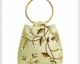 Handmade Ring Handle Handbag Embroidered Wild Silk Green Floral Purse One of a Kind