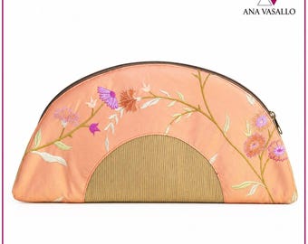 Salmon Fan Clutch | Embroidered Wild Silk, Ottoman Fabric, Evening Bag