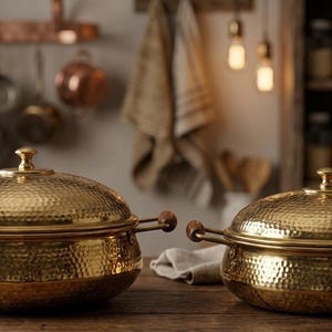 May include: Two gold-coloured, hammered-metal cooking pots with lids and wooden handles sit on a wooden surface. The pots are round and have a textured surface. The background includes copper cookware and shelves with jars.