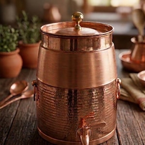 May include: A copper water dispenser with a hammered texture, spigot, and lid with a gold knob. The dispenser is on a wooden surface, with water flowing from the spigot. The dispenser has a cylindrical shape and is a kitchenware item.