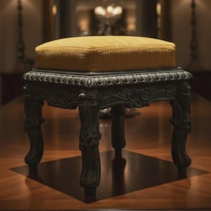 Puede incluir: Un otomán decorativo de estilo antiguo con un cojín cuadrado de color amarillo mostaza. La base oscura y ornamentada presenta detalles tallados y patas curvas. Esta elegante pieza añade un toque de encanto vintage a cualquier habitación.