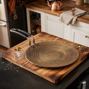 Peut inclure: Une poêle en laiton martelé avec une longue poignée, posée sur une planche à découper en bois. La poêle a une surface texturée et est conçue pour la cuisine. La poignée est noire.
