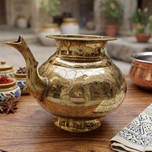 Handmade Brass Tea&water pot Vintage Style | Indian Engraved Kettle with Spout | Antique Brass Tea Pot | Boho Kitchen Decor Gift