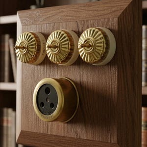 Puede incluir: Un panel de madera con tres interruptores de palanca dorados y estriados sobre bases blancas y un enchufe redondo de color latón con centro negro. El enchufe tiene grabado 16A 250V y ATELIER LUX, y uno de los interruptores indica CIRCUIT 1.