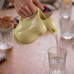 Può includere: Una brocca in ceramica giallo pallido a forma di anatra versa acqua in un bicchiere trasparente. La brocca ha un manico e un beccuccio a forma di becco d'anatra. Il bicchiere ha un motivo a losanghe. La scena è ambientata su un tavolo di legno.