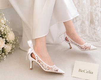 Braut Pumps aus Spitze, Pumps mit Schleife, für die Braut