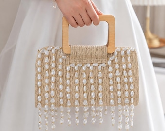 Woven Straw Wedding Handbag, Pearl Tassel, Wooden Handle Clutch, Apricot Evening Bag