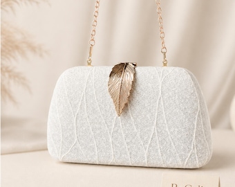 Bolso de mano de lujo con plumas – Bolso de noche nupcial, bolso de boda dorado y blanco, elegante bolso de fiesta con cadena para mujer