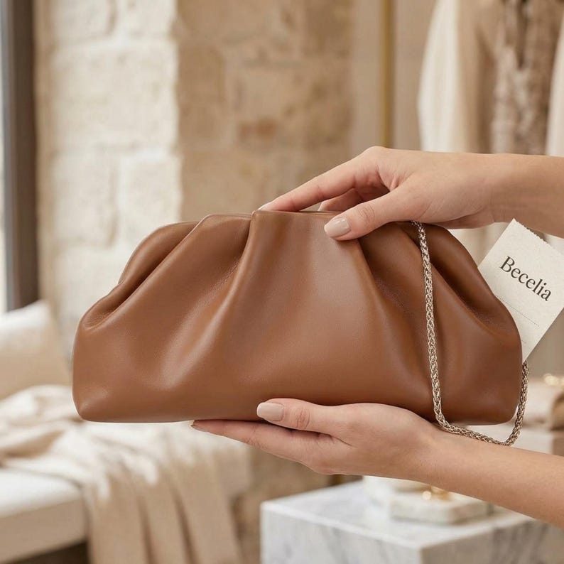 Pleated Cloud Clutch Bag, Soft PU Leather Shoulder Purse, Minimalist Chain Crossbody