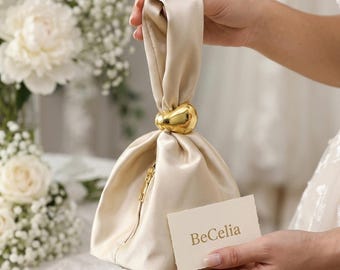 Bolso de mano nupcial de satén, elegante bolso tipo cubo con asa de nudo, bolso de boda minimalista