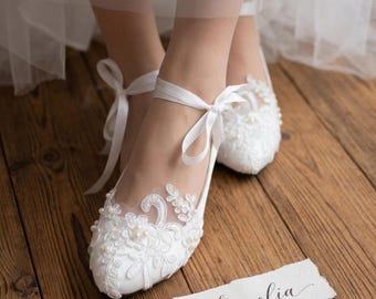 White Lace Bridal Shoes, Ribbon Strap Mary Jane Flats, Wedding Heels