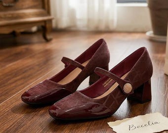 Zapatos de tacón Mary Jane de punta cuadrada, zapatos de salón vintage con tacón de bloque y correa, zapatos de vestir retro para bodas y fiestas.