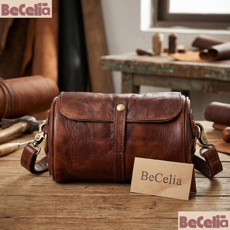 Vintage Cowhide Leather Barrel Bag, Handmade Retro Women's Crossbody Satchel Gift For Her