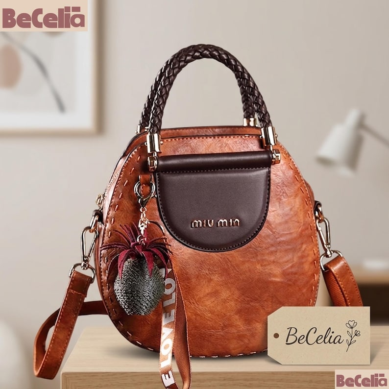 Genuine Leather Boston Bag, Woven Handle Shoulder Purse, Retro Style Handbag