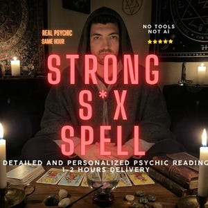 May include: A person in a dark hooded robe sits behind a wooden table with two lit candles, a crystal ball, tarot cards, and books. Text reads: REAL PSYCHIC SAME HOUR, NO TOOLS NOT AI, STRONG S*X SPELL, DETAILED AND PERSONALIZED PSYCHIC READING 1-2 HOURS DELIVERY.