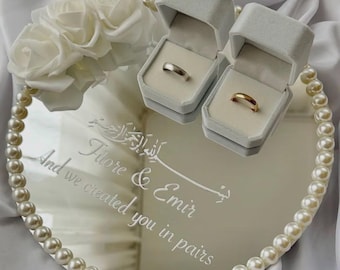 Bandeja de compromiso redonda con espejo en la parte superior: bandeja para anillos de compromiso con perlas y flores