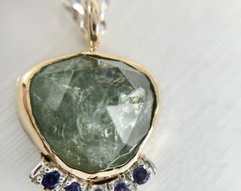 Green Tourmaline Necklace in Silver and 14k Gold with Iolite accents