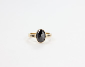 Black Rose Cut Diamond Arrow Engraved 14k Gold Ring