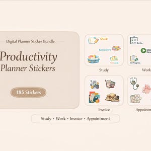 Könnte beinhalten: Digitales Planer-Sticker-Bundle mit "Productivity Planner Stickers" und "185 Stickers". Das Bild zeigt Sticker für Studium, Arbeit, Rechnungen und Termine, jeweils mit relevanten Symbolen.