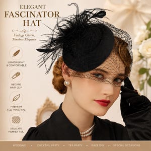 Black Felt Fascinator Hat with Fishnet Veil, Vintage Bridal Cocktail Headpiece