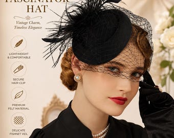 Black Felt Fascinator Hat with Fishnet Veil, Vintage Bridal Cocktail Headpiece