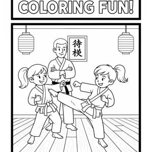 Op de afbeelding: Zwart-wit kleurplaat getiteld "KARATE KIDS COLORING FUN!" met drie cartoonfiguren in karate-uniformen. De afbeelding bevat een karate-instructeur en twee kinderen die karate-bewegingen oefenen. De pagina heeft een ruimte om een naam te schrijven.
