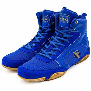 May include: A pair of blue high-top wrestling shoes with blue laces and a gold logo. The shoes have a mesh and suede design with a tan sole. The brand name "HAYABUSA" is visible on the tongue.