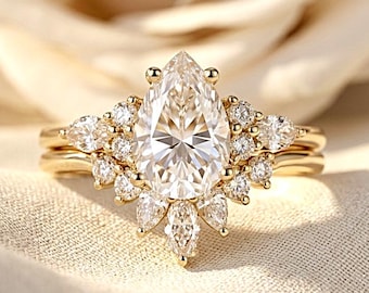 Pear Moissanite Ring Set | Sterling Silver Cluster Halo Ring | 2 Piece Bridal Set for Women | Anniversary Gift