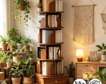 Rotating 5-Tier Bookshelf with Wheels, 360 Spinning Wood Bookcase for Home