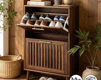 Zapatero estrecho de nogal, organizador de cajones abatibles con listones para recibidores pequeños.