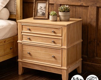Mesita de noche rústica de 3 cajones, mesa auxiliar de madera natural, almacenamiento para dormitorio