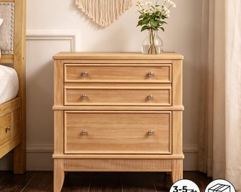 Wooden Bedside Table with Drawers, Light Oak Farmhouse Nightstand, Bedroom Storage