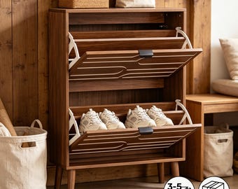 Zapatero Wabi Sabi de nogal, organizador de zapatos con cajón abatible y patas de madera maciza.