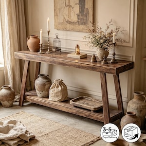 Mesa de console rústica de madeira com estação de carregamento, 137 cm de comprimento.