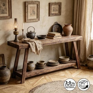 Mesa de console longa e estreita com estação de carregamento, mesa de entrada de madeira de 2 níveis