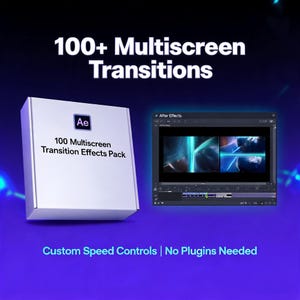 Puede incluir: Una caja de software blanca etiquetada como 100 Multiscreen Transition Effects Pack con un logotipo de Adobe After Effects. Junto a ella hay una pantalla de computadora que muestra un software de edición de video con diseño multipantalla.