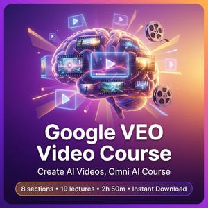 May include: A digital graphic featuring a glowing human brain surrounded by floating video film strips and play icons against a purple and orange gradient background. Text reads: Google VEO Video Course, Create AI Videos, Omni AI Course.
