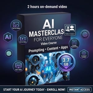 Könnte beinhalten: Eine digitale Produktbox für einen AI Masterclass for Everyone Videokurs mit 2 Stunden On-Demand-Video und 3,7 GB Inhalt. Die Box zeigt Text zu Prompting, Content und Apps, umgeben von verschiedenen Symbolen für KI-Anwendungen.