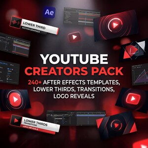 Könnte beinhalten: Eine digitale Grafik für ein YouTube Creators Pack mit über 240 After Effects-Vorlagen, Bauchbinden, Übergängen und Logo-Animationen. Das Design enthält rote und schwarze Elemente, Wiedergabetasten und Software-Bedienfelder auf dunklem Grund.