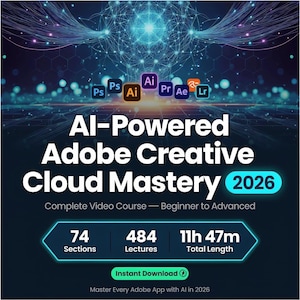 以下が含まれることがあります： AI-Powered Adobe Creative Cloud Mastery 2026ビデオコースのデジタルグラフィック。Adobeソフトウェアのアイコン、'74 Sections'、'484 Lectures'、'11h 47m Total Length'、'Instant Download'というテキストが濃い青色の背景に表示されています。