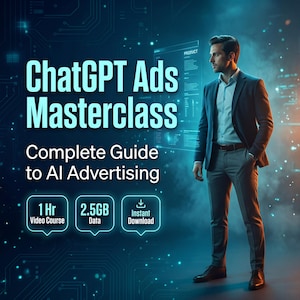 Könnte beinhalten: Eine digitale Werbeanzeige für eine ChatGPT Ads Masterclass mit dem Text "ChatGPT Ads Masterclass Complete Guide to AI Advertising", Symbolen für einen 1-stündigen Videokurs, 2,5 GB Daten und Sofort-Download sowie einer Person im Anzug.