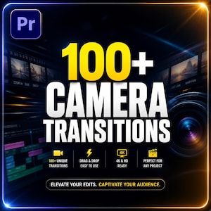 May include: A graphic promoting video editing transitions. The image displays the text "100+ CAMERA TRANSITIONS" in yellow and white. Additional text includes "100+ UNIQUE TRANSITIONS", "DRAG & DROP EASY TO USE", "4K & HD READY", and "PERFECT FOR ANY PROJECT".