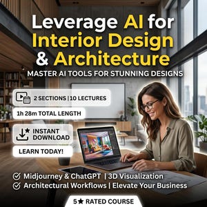 May include: A digital course advertisement titled Leverage AI for Interior Design & Architecture. It features 2 sections, 10 lectures, 1h 28m total length, and instant download. Topics include Midjourney, ChatGPT, 3D visualization, and architectural workflows.