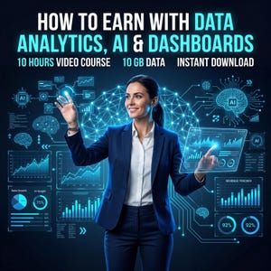 May include: A digital educational product titled HOW TO EARN WITH DATA ANALYTICS, AI & DASHBOARDS, featuring a 10 hours video course and 10 GB data with instant download. The graphic displays a professional in a blue suit interacting with blue data.