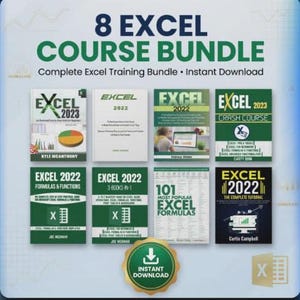 Pode incluir: Imagem de um pacote de 8 cursos de Excel. A imagem apresenta várias capas de livros com a palavra "Excel" e os anos 2022 e 2023. Uma insígnia verde com a inscrição "Download instantâneo" também é visível.