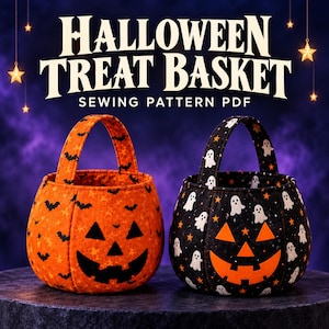 Puede incluir: Dos cestas de tela para dulces de Halloween con caras de calabaza. Una es naranja con murciélagos negros, la otra es negra con fantasmas blancos. El texto HALLOWEEN TREAT BASKET SEWING PATTERN PDF aparece sobre las cestas en un fondo oscuro.