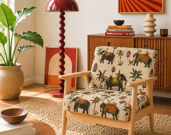 Upholstered Midcentury Modern Armchair | Indian Cultural Elephant Fabric