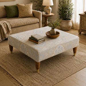 Handgjord ottomansk soffbordsbänk | Boho blommig gobeläng i linne