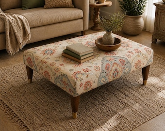 Handmade Ottoman Coffee Table Bench | Boho Floral Tapestry